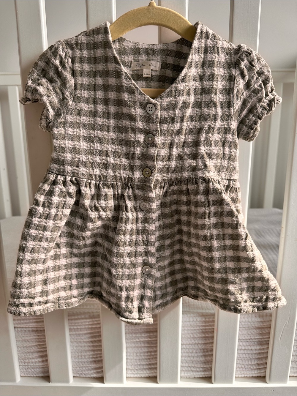 Rylee + Cru Beige and White Gingham Button-Front Dress